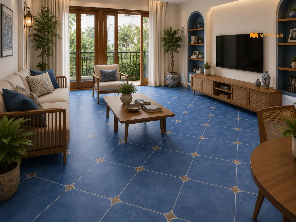 Blue Octagon Matt Tiles in Living Room